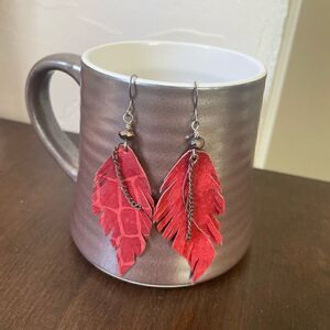 Red leather feather earrings  